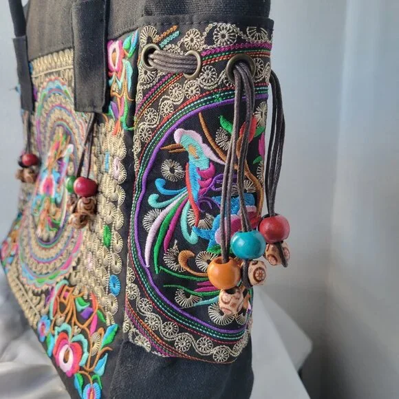 Floral Embroider Ethnic Ladies Large Tote/Shoulder Bag with Wooden Beading - Picture 4 of 12